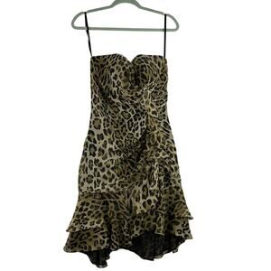 Vintage Y2K Cache Strapless Dress Womens 4 Ruched Ruffle 100% Silk Leopard Print